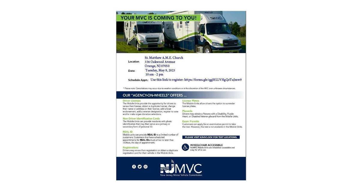 NJMVC 'Agency on Wheels" Makes Stop in Orange on May 9 East Orange