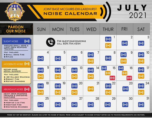 Pardon Our Noise JBMDL Releases July Noise Level Calendar Bordentown 