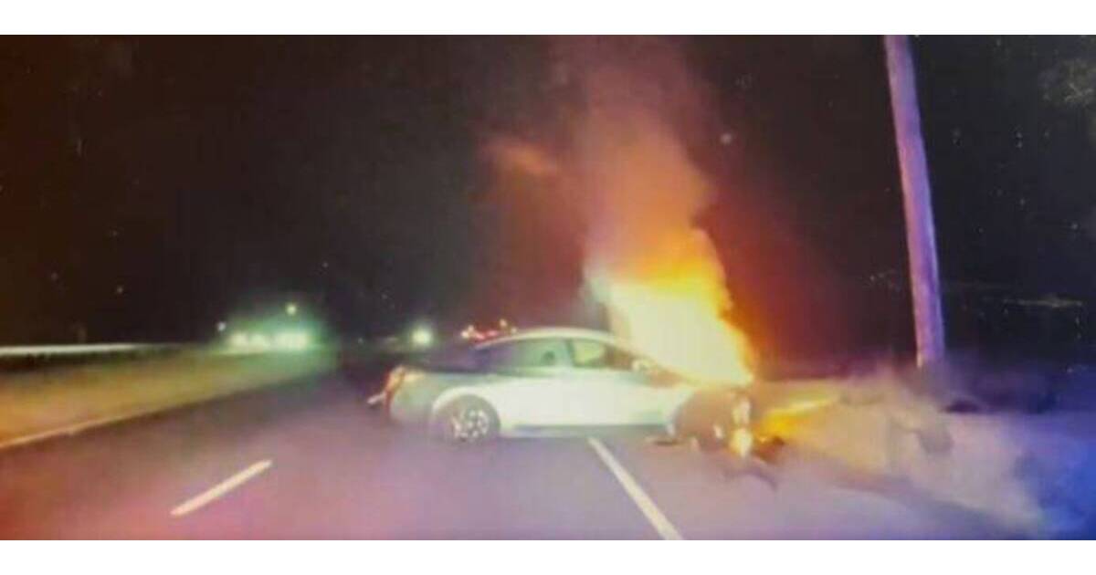 Car Crashes Into Utility Pole on Route 130 and Catches Fire, Police ...
