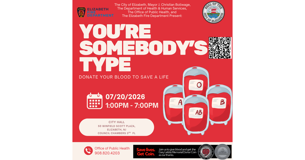 Elizabeth to Host Community Blood Drive at City Hall on July 20