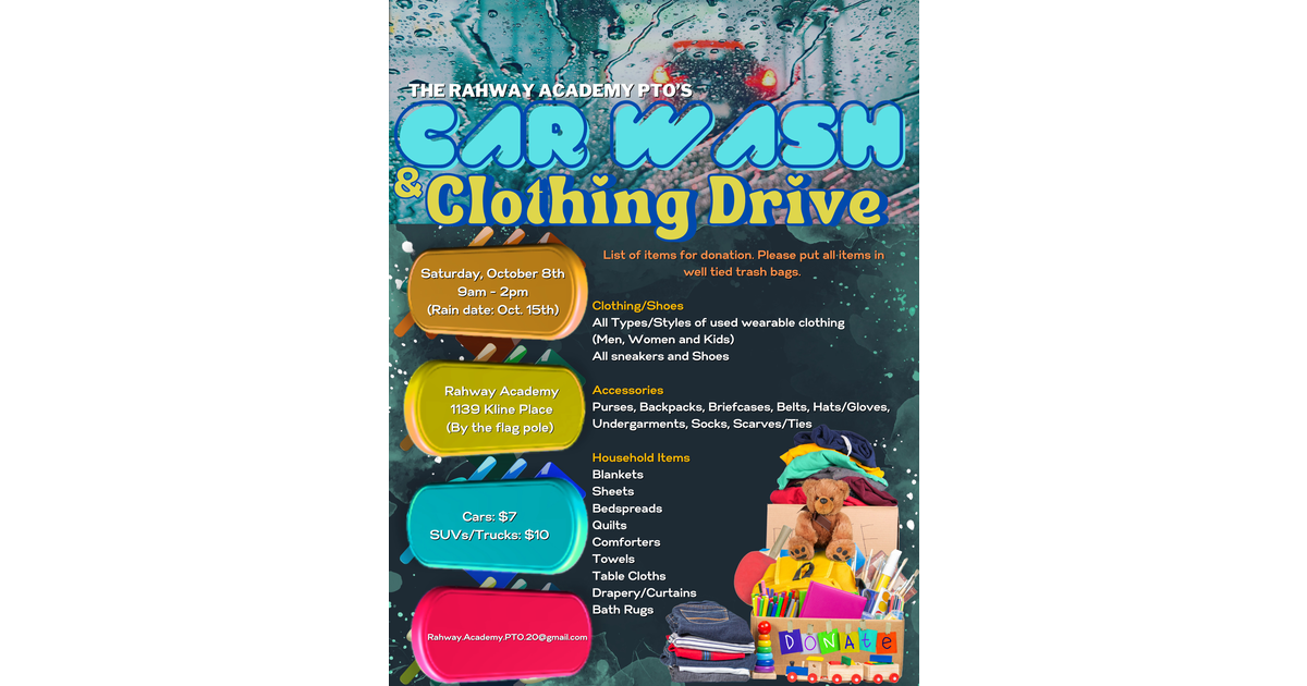 Rahway Academy PTO Holding Car Wash & Clothing Drive Oct. 8 Rahway
