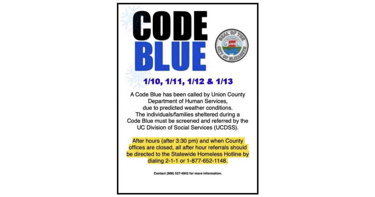 Code Blue Issued in Union County Until Thursday, January 13 | Elizabeth ...