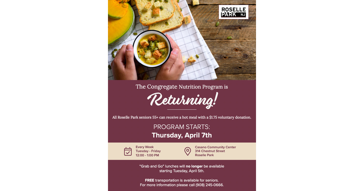Congregate Nutrition Program Returning to Roselle Park, 'Grab and Go