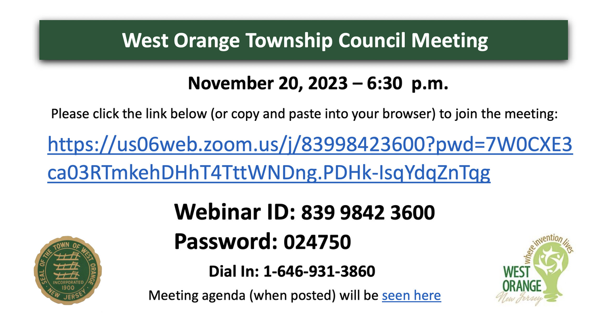 West Orange Town Council Meeting Monday, Nov. 20 with Santa on The