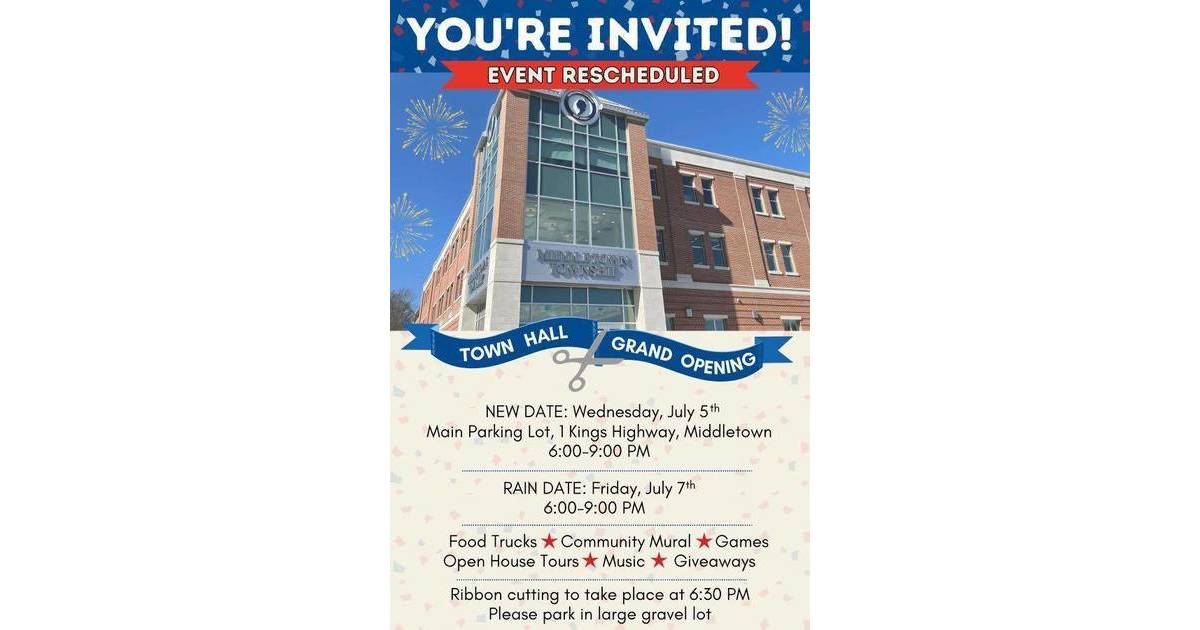 NEW DATE to Celebrate Middletown Town Hall's Grand Opening on Wed
