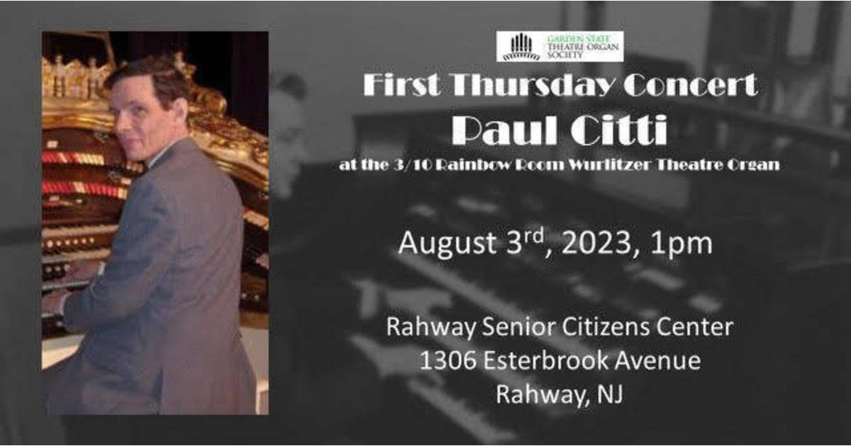 Theatre Organ Performance Scheduled for Today at Rahway Senior Center