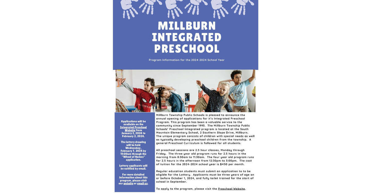 Millburn Integrated Preschool Accepting Applications Jan. 2 to Feb. 2