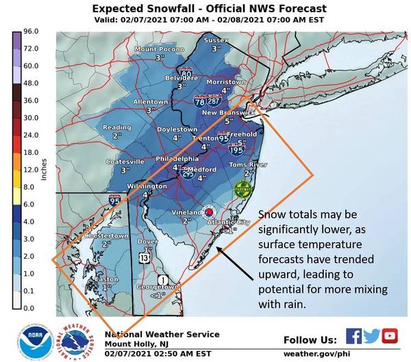 Belmar/Lake Como Weather Alert Snow Totals Lowered Along Coast