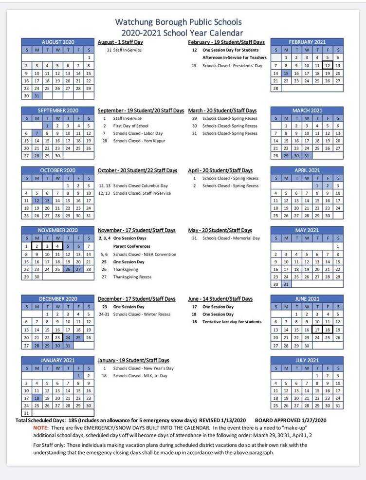 Watchung Board Of Education Approves 202021 Calendar TAPinto