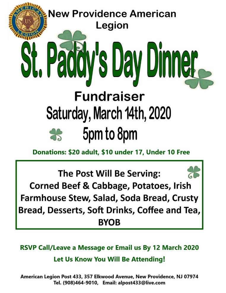 American Legion Post 433 St Paddy’s Day Dinner Fundraiser American Legion Post 433 St Paddy’s Day Dinner Fundraiser