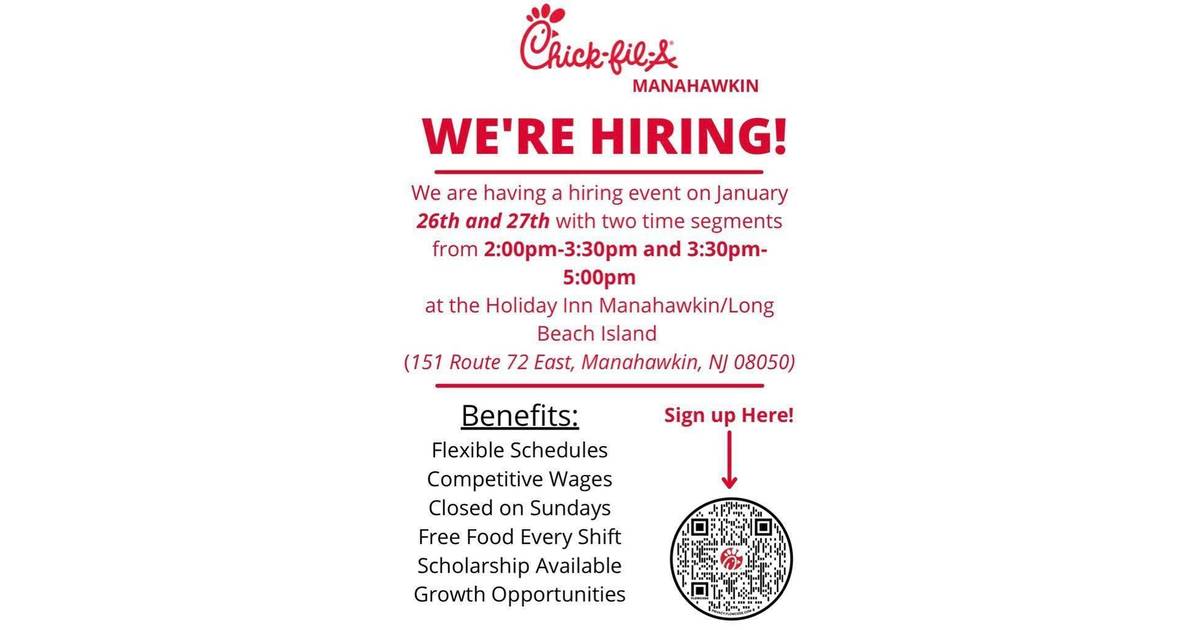 Chick Fil A Hiring Event in Stafford January 26 and 27 Stafford/LBI