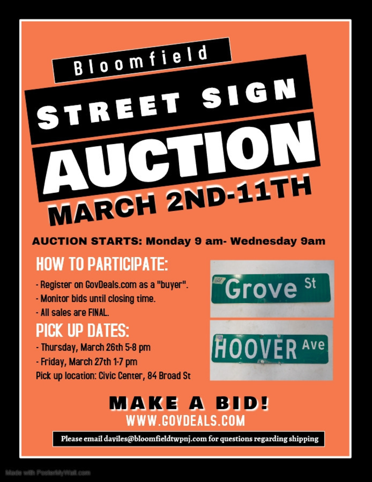 Bloomfield’s Online Street Sign Auction Continues Monday TAPinto