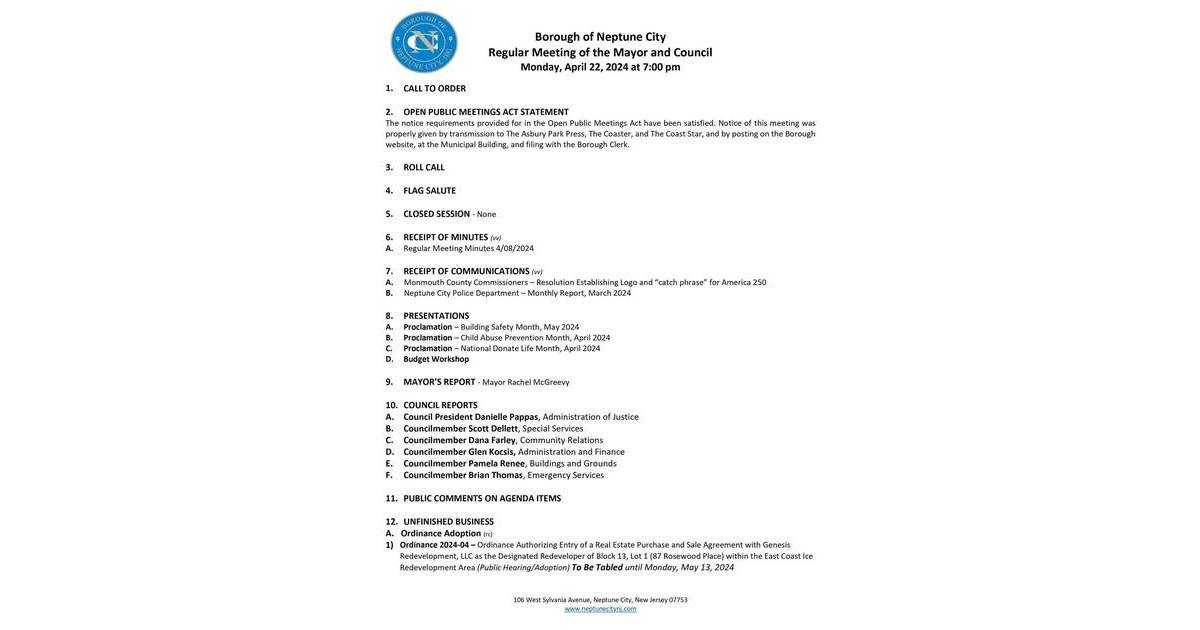 Agenda for April 22nd Neptune City Borough Council Meeting Now Available Neptune/Neptune City
