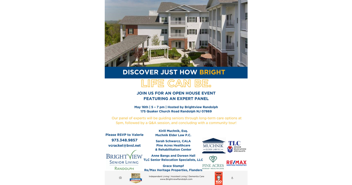 BrightView Senior Living in Randolph to Hold Open House on May 16