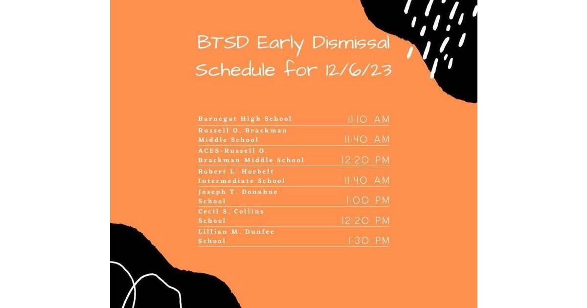 Barnegat Township School District Early Dismissal Wednesday, December 6
