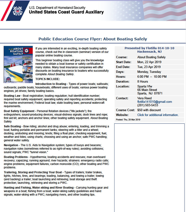 Coast Guard Boating Safety Course at Sparta VFW TAPinto