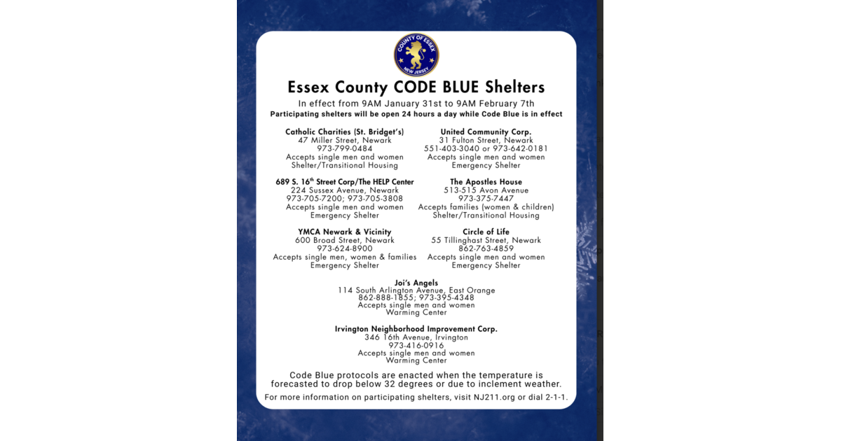 Essex County Extends Code Blue to Feb. 7 and Shelters Open | SOMA, NJ ...