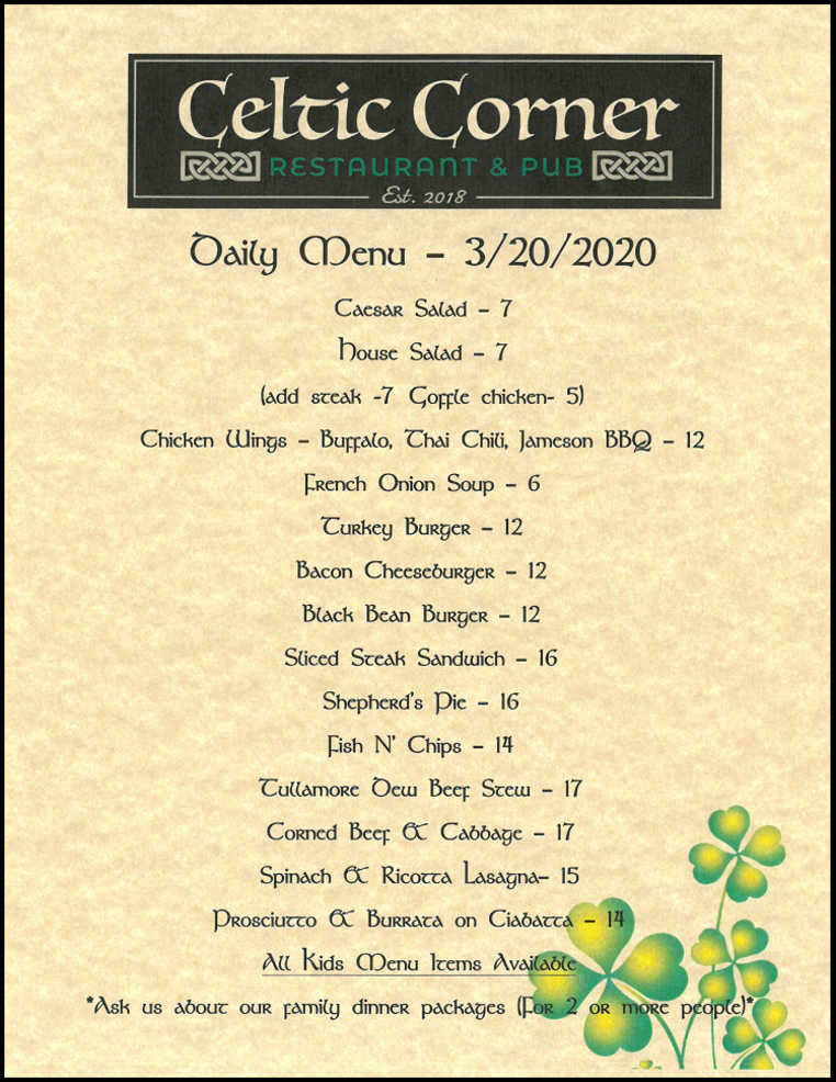 Celtic Corner Menu Update | TAPinto