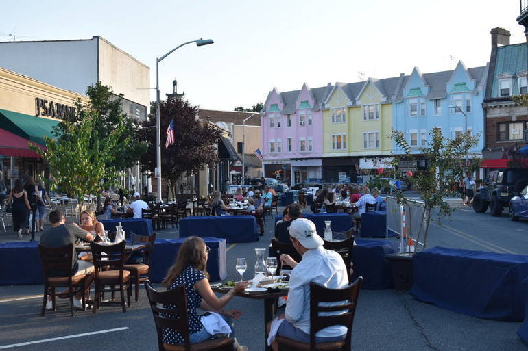 People enjoy food and drink outdoors on Quimby Street, already a popular spot for outdoor dining in Westfield, NJ