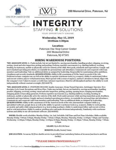 Passaic County One-Stop to Host Integrity Staffing Solutions Hiring ...