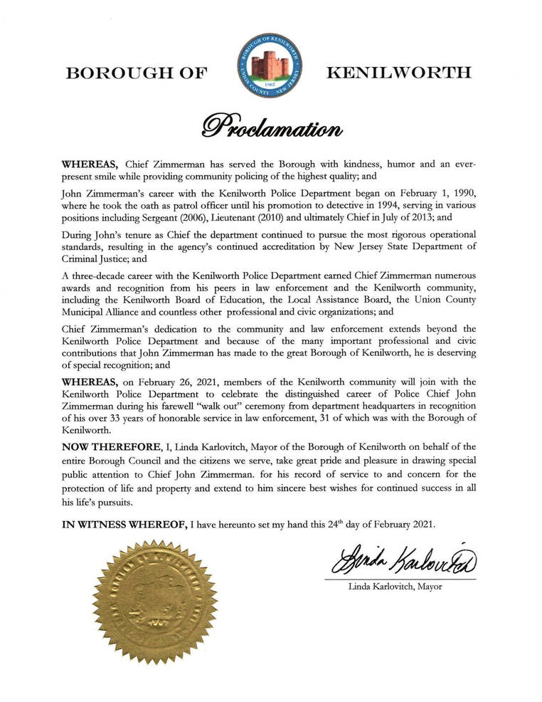John Zimmerman Receives Mayoral Proclamation from Kenilworth Borough