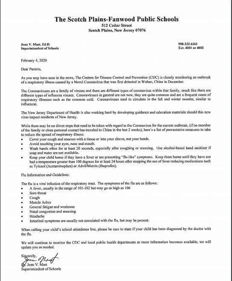 Scotch PlainsFanwood District Issues Letter with Health Information on