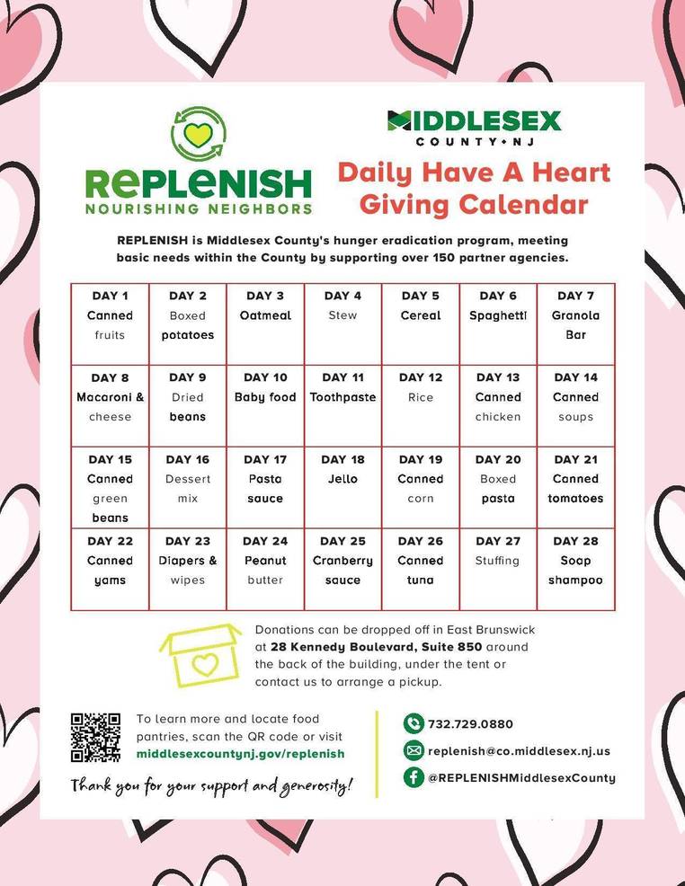 Help fight food insecurity in Middlesex County this February with  REPLENISH's “Have a Heart” giving calendar | South Plainfield, NJ News  TAPinto