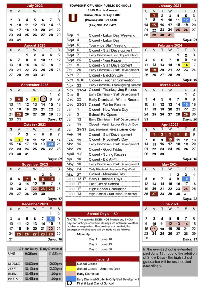 Union 2023-2024 School Calendar Released; First Day - Sept. 7 | Union, NJ  News TAPinto