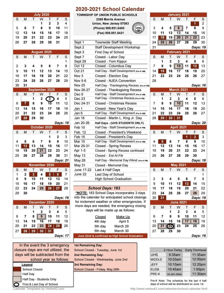 Union 20202021 School Calendar Released; First Day Sept. 3 TAPinto