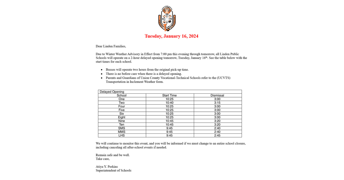 Linden Public Schools Have a Delayed Opening on Tuesday, January 16 ...