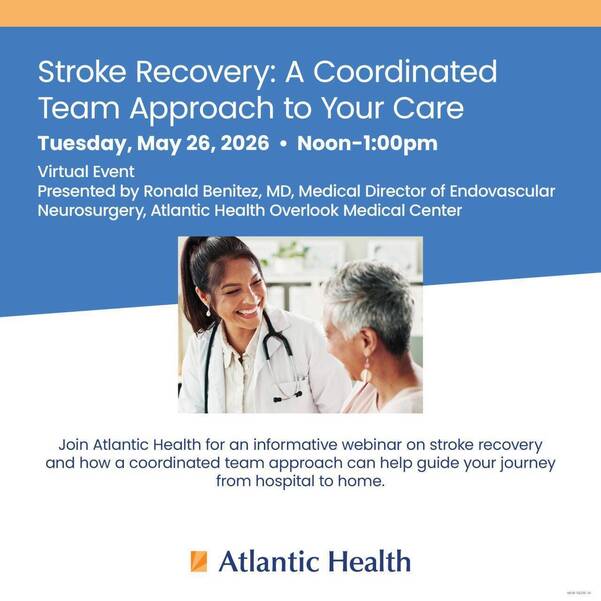 Stroke recovery educational event highlighting coordinated care, rehabilitation, and innovative post-stroke treatment options through Atlantic Brain and Spine and Atlantic Health System.