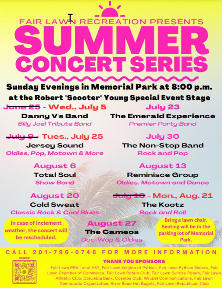 Fair Lawn Sunday Summer Concerts in Memorial Park Are Back Aug. 9